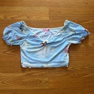 Sugar Thrillz Mesh Angel Print Puff Sleeve Milkmaid Crop Top